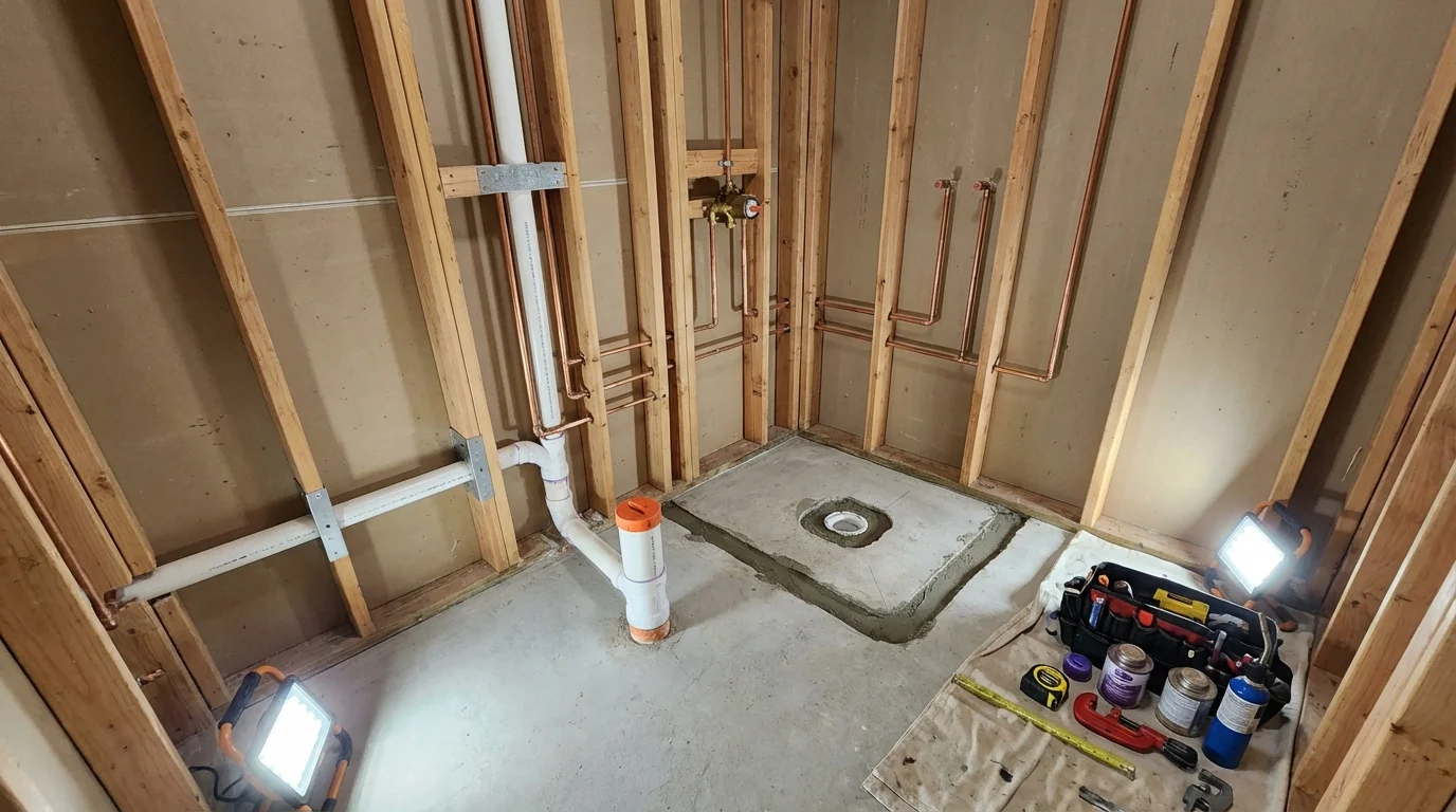Bathroom rough-in plumbing during remodel by Johns Plumbing LLC in Tishomingo