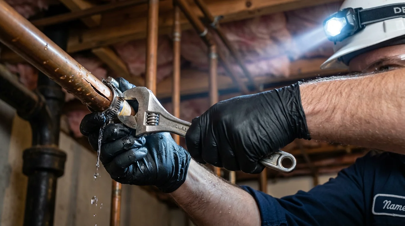 Emergency pipe clamp repair being performed by a Johns Plumbing LLC plumber in Tishomingo