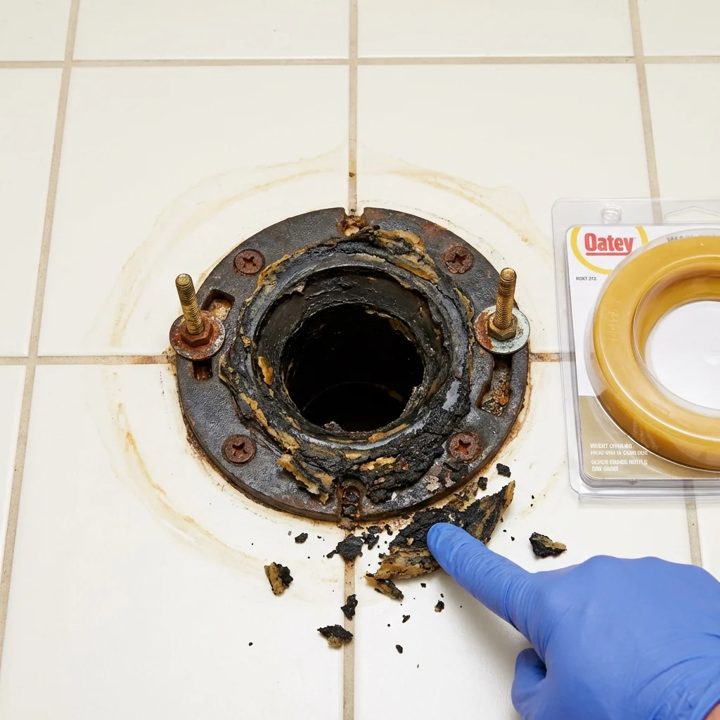 Failed wax ring showing water seepage at the base of a toilet in a Tishomingo, OK home
